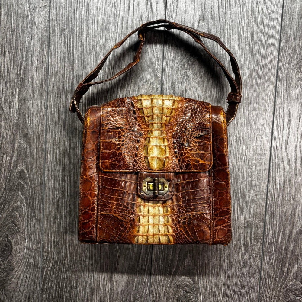Vintage Genuine Crocodile Hornback Leather Handbag Brown 60s Exotic Skin Box Bag